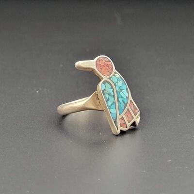SILVER & INLAID STONE BIRD RING