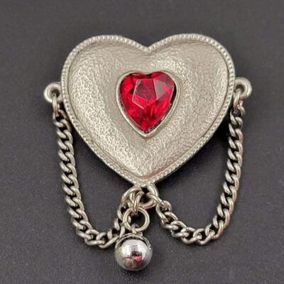 HEART BROOCH W/ RED STONE & CHAINS - MARKED â€œSCHâ€
