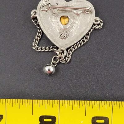 HEART BROOCH W/ RED STONE & CHAINS - MARKED â€œSCHâ€