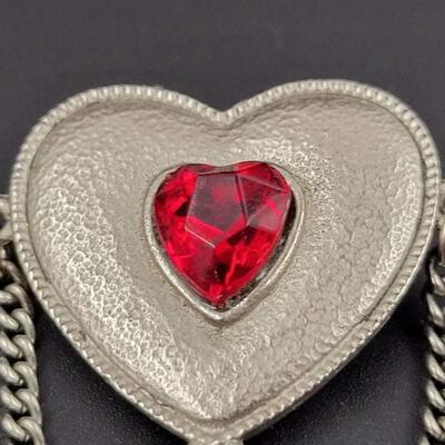 HEART BROOCH W/ RED STONE & CHAINS - MARKED â€œSCHâ€