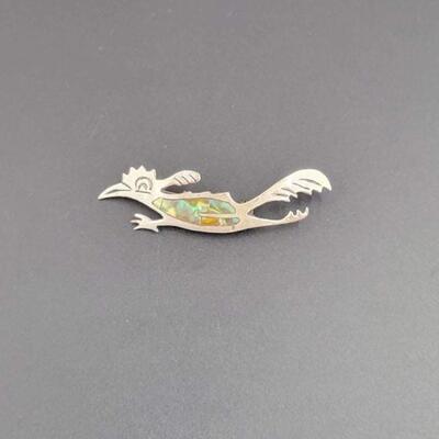 MEXICO TAXCO 925 STERLING SILVER ROADRUNNER INLAY BROOCH