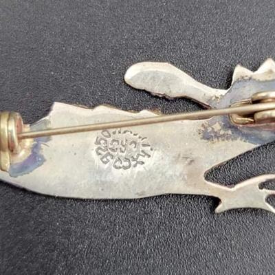 MEXICO TAXCO 925 STERLING SILVER ROADRUNNER INLAY BROOCH