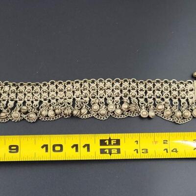 VINTAGE CHAINMAIL CUFF BRACELET W/ BELLS & TROMBONE CLASP