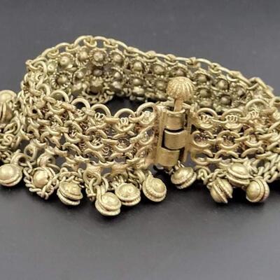 VINTAGE CHAINMAIL CUFF BRACELET W/ BELLS & TROMBONE CLASP