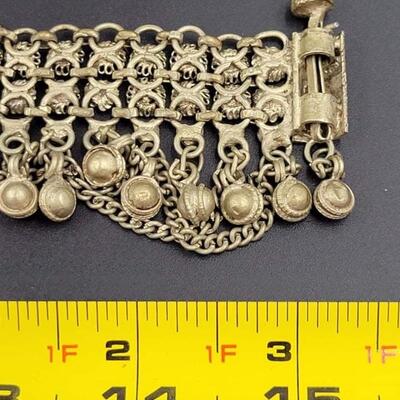 VINTAGE CHAINMAIL CUFF BRACELET W/ BELLS & TROMBONE CLASP
