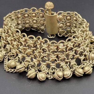 VINTAGE CHAINMAIL CUFF BRACELET W/ BELLS & TROMBONE CLASP