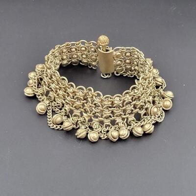 VINTAGE CHAINMAIL CUFF BRACELET W/ BELLS & TROMBONE CLASP