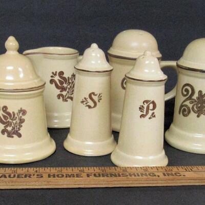 Pfaltzgraff Village Pattern Sugar/Creamer, Salt/Pepper/2 Large Shakers