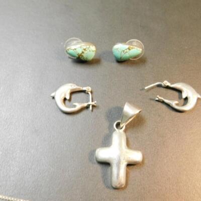 Collection of Sterling Silver .925 Necklace, Cross Pendant and Earrings