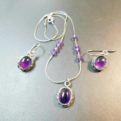 Sterling Silver .925 Matching Necklace and Earring Set with Amethyst Stone Setting