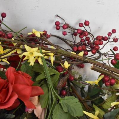Faux Flowers, Red, Yellow, Berries, and Leaves