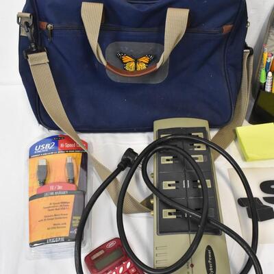 Lot of Office Supplies, Butterfly Bag, USB, Erasers, Power Strip
