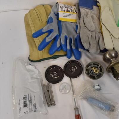 Home Improvement Lot: Gloves, Monkey Wrench, Lightbulb