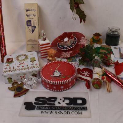 Christmas DÃ©cor Lot: Cards, Tins, Candles, Wrapping Paper, Wall Hanging