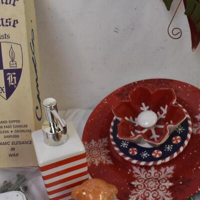 Christmas Décor Lot: Cards, Tins, Candles, Wrapping Paper, Wall Hanging