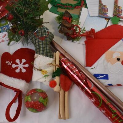 Christmas Décor Lot: Cards, Tins, Candles, Wrapping Paper, Wall Hanging