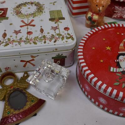 Christmas DÃ©cor Lot: Cards, Tins, Candles, Wrapping Paper, Wall Hanging