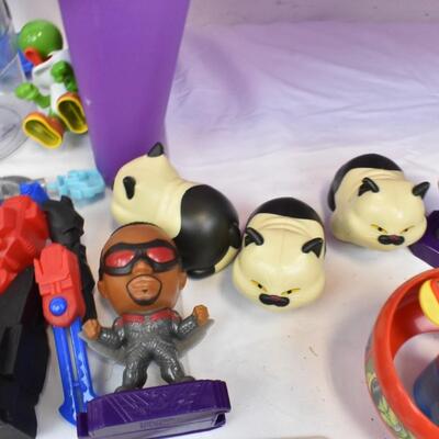 Lot of Toys: Assorted Action Figures, Purple Lap Desk, Marvel