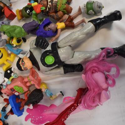 Lot of Toys: Assorted Action Figures, Purple Lap Desk, Marvel