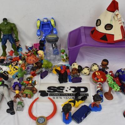 Lot of Toys: Assorted Action Figures, Purple Lap Desk, Marvel