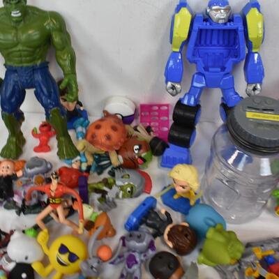 Lot of Toys: Assorted Action Figures, Purple Lap Desk, Marvel