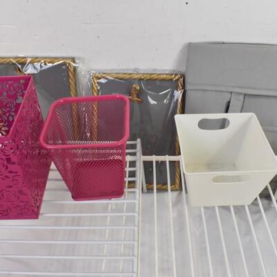 2 Picture Frames, 3 White Shelves, Cloth Hanging Organizer Bins, Small Buckets