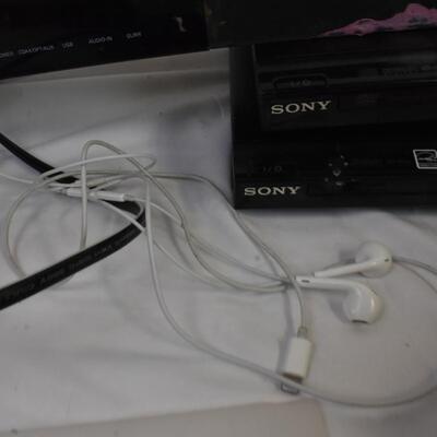 Apple Earbuds, 2 Sony DVD Players, Memorex Radio/CD Player, Philips Sound Bar