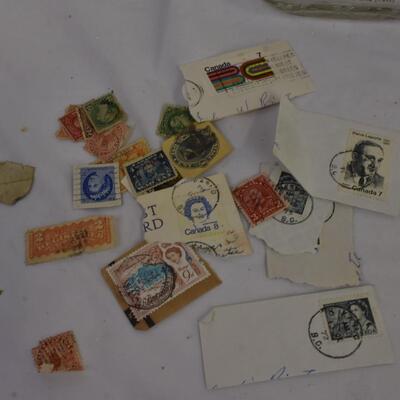 Vintage Lot: Canadian Stamps, 4 Spools of Thread, Heber Valley Milk Glass Jar