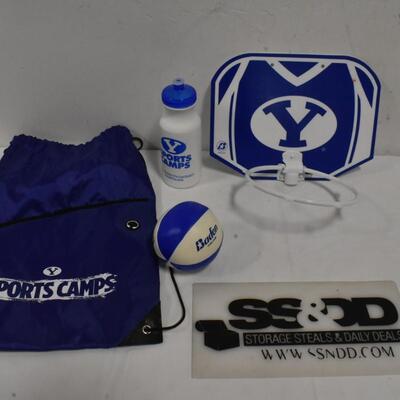 BYU Merch: Small Basketball Hoop, Small Ball, Waterbottle, Drawstring Bag