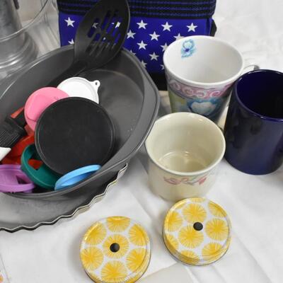 Kitchen Lot Mugs, Pie Trays, Cork Butler Bottle Opener, Cups, Lunchbox, etc