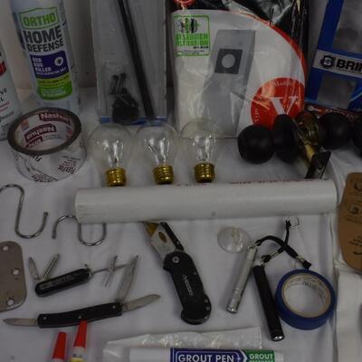 Home Improvement Lot: PVC, Doorknobs, Pocket Knives, Tape, Pocket Knives, etc