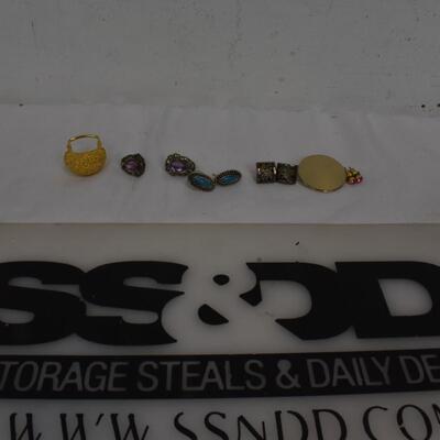 6 pc Costume Jewelry: 4 Pairs of Earrings, 2 Pins(?)
