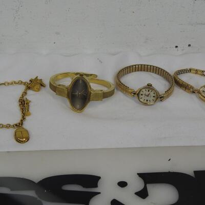 6 pc Costume Jewelry: Bracelets and Watches, Mostly Gold-Toned