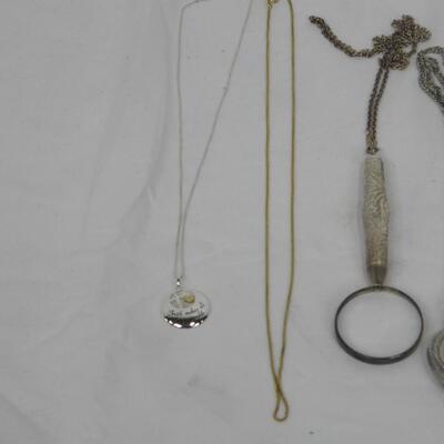 8 pc Costume Jewelry: Necklaces: Magnifying Glass, Lockets, Pendants