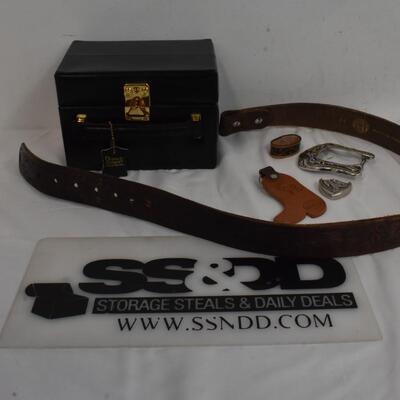 Genuine Leather black Jewelry case, 34" brown belt, key chain & belt buckle
