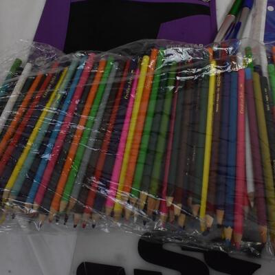 20+assorted school/office supplies, notebook paper, colored pencils, Mead pouch,