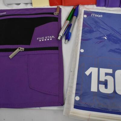 20+assorted school/office supplies, notebook paper, colored pencils, Mead pouch,