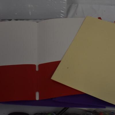 20+assorted school/office supplies, notebook paper, colored pencils, Mead pouch,