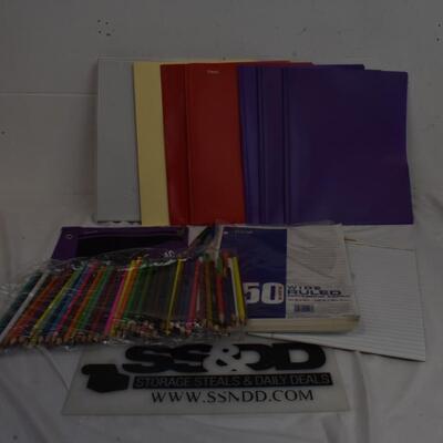 20+assorted school/office supplies, notebook paper, colored pencils, Mead pouch,