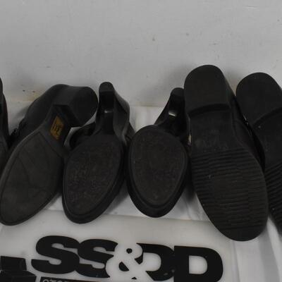 3 pairs Womens' shoes sizes 6-7, black, brown, black  & brown