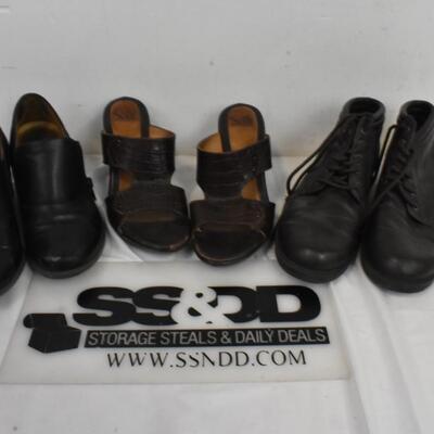 3 pairs Womens' shoes sizes 6-7, black, brown, black  & brown