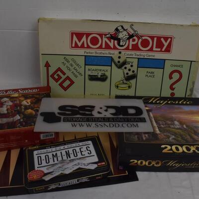 Game/puzzle lot: Monopoly (Vintage?) Dominoes, Ceaco & Majestic puzzles
