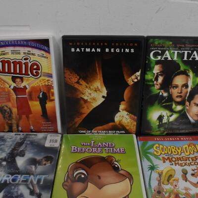 13 pc Movies on DVD: Annie, Hachi, Insurgent,  Scooby-Doo, Smurfs, Spiderman, Stargate