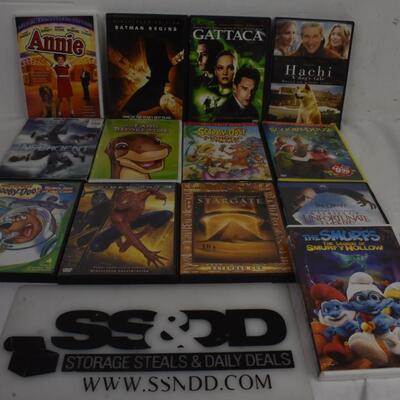 13 pc Movies on DVD: Annie, Hachi, Insurgent,  Scooby-Doo, Smurfs, Spiderman, Stargate