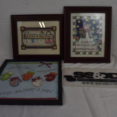 3 Framed homemade winter/Christmas decor: snowmen & mittens
