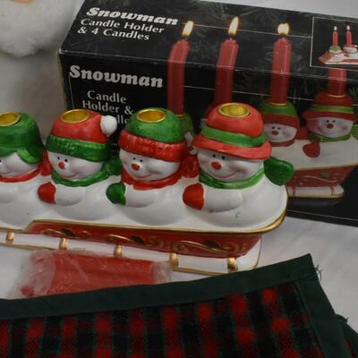 Christmas lot 12+ pc: blown glass ornaments, tree skirt, figurines, wicker basket