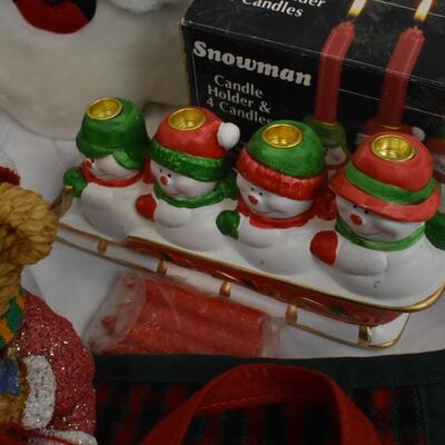 Christmas lot 12+ pc: blown glass ornaments, tree skirt, figurines, wicker basket