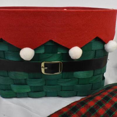 Christmas lot 12+ pc: blown glass ornaments, tree skirt, figurines, wicker basket