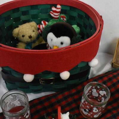 Christmas lot 12+ pc: blown glass ornaments, tree skirt, figurines, wicker basket