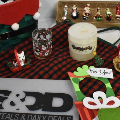 Christmas lot 12+ pc: blown glass ornaments, tree skirt, figurines, wicker basket